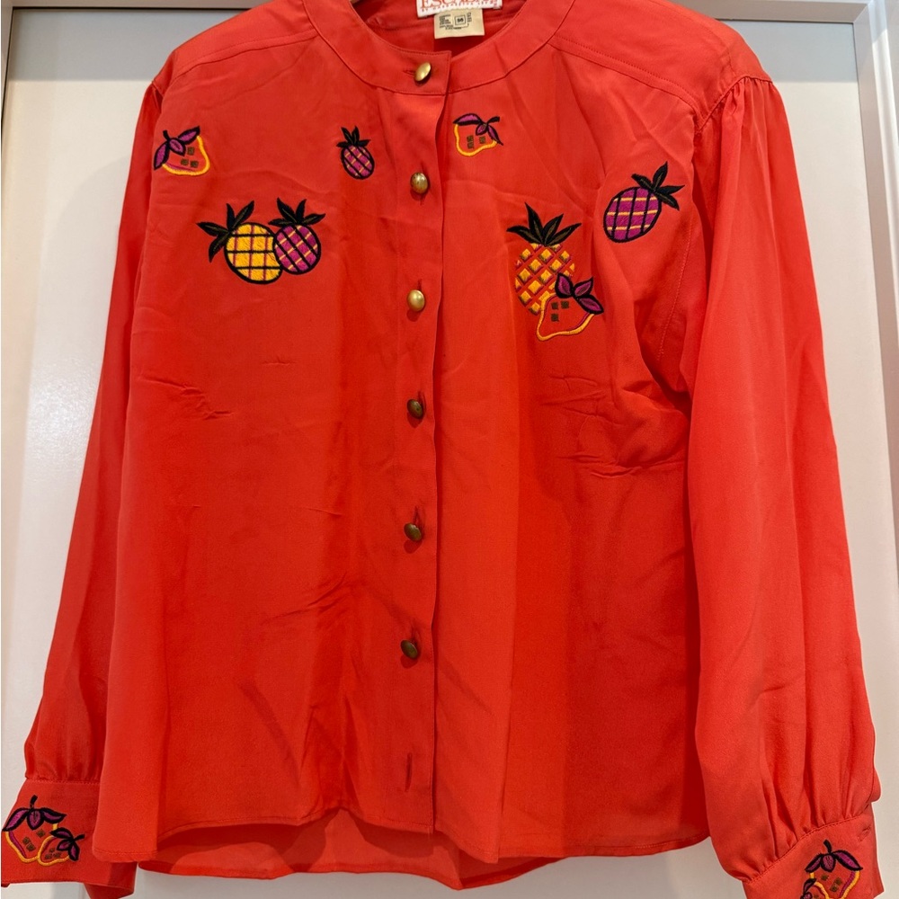 Escada Vibrant Red Blouse with Fruit Accents